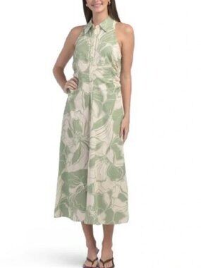 LONDON TIMES Maxi Dress Linen Blend Cream Green Floral Size 14 Summer NEW Button